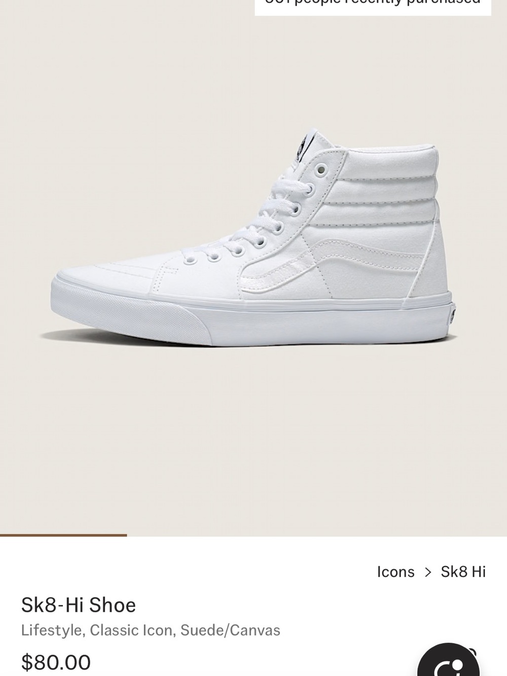 Vans Sk8-Hi High-Top Sneakers - White Mens size 8 comparable to Womens size 9.5